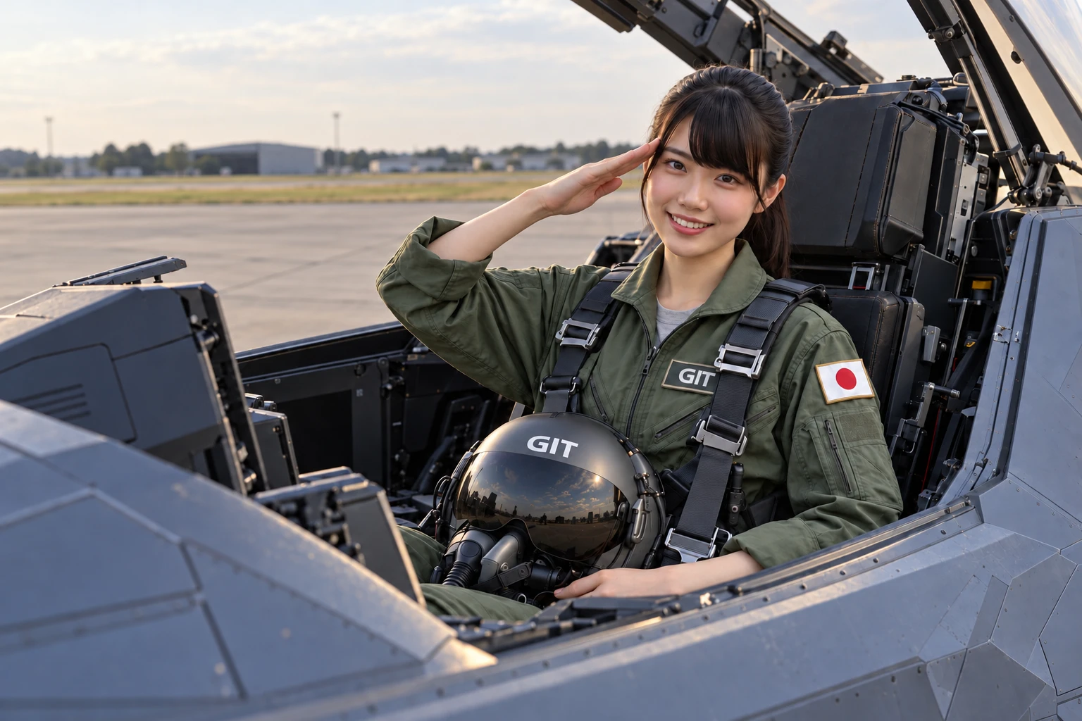 フライトスーツ姿のGITイメージキャラクターが、F-35風コクピットに座って敬礼するビジュアル